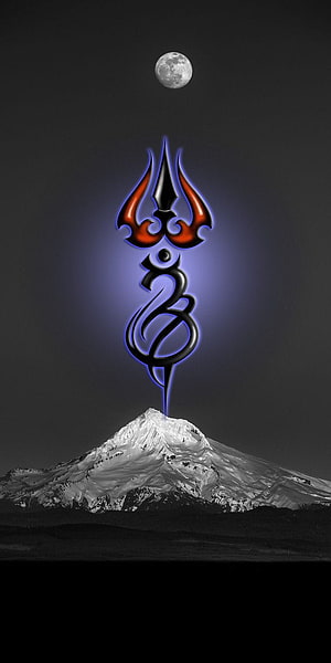 Bholenath Trishul Symbol Rising Above Snow-Capped Mountain Under Full Moon HD phone wallpaper