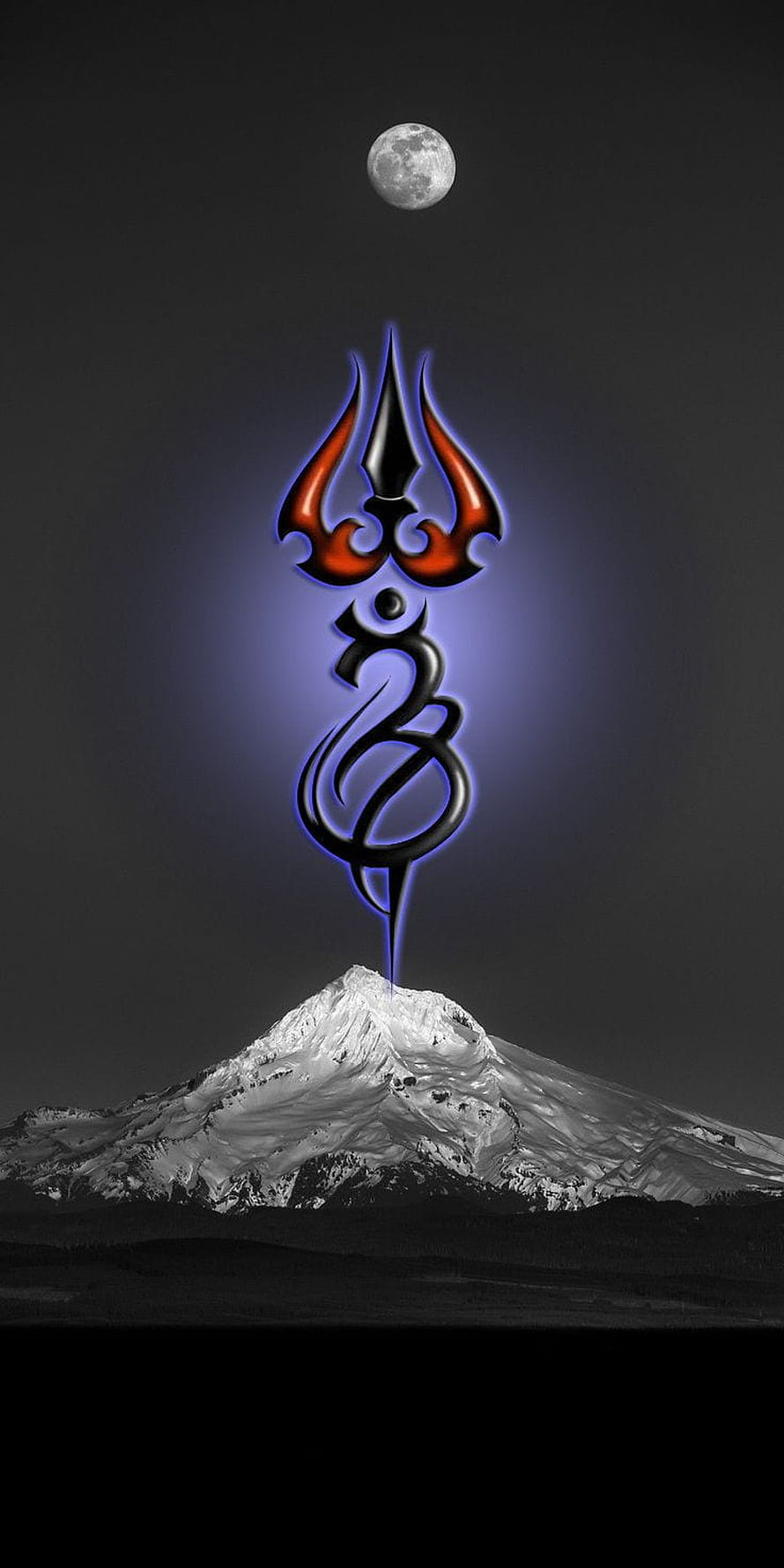 Bholenath Trishul Symbol Rising Above Snow-Capped Mountain Under Full Moon HD phone wallpaper