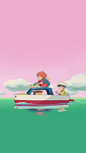 Ponyo and Sosuke sailing a small boat across a calm green sea under a soft pink sky HD phone wallpaper