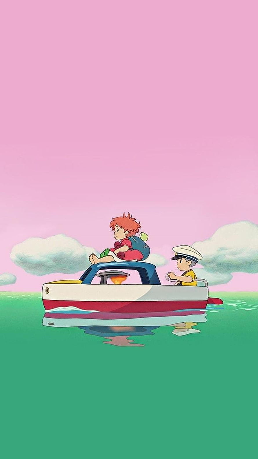 Ponyo and Sosuke sailing a small boat across a calm green sea under a soft pink sky HD phone wallpaper