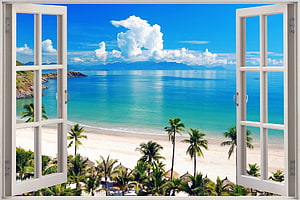 Tropical Beach View Through Open White Window Frame With Palm Trees HD wallpaper