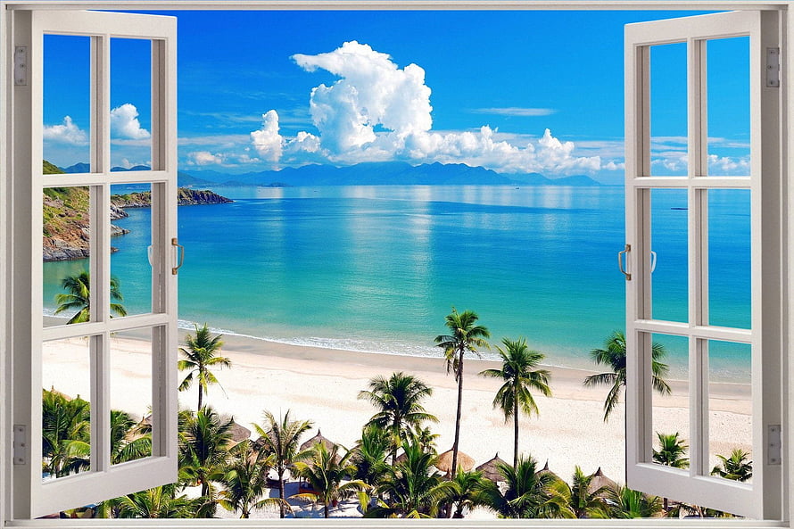 Tropical Beach View Through Open White Window Frame With Palm Trees HD wallpaper
