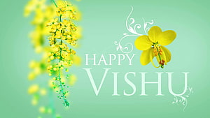 Vishu Festival Greeting Card with Yellow Flowers and Mint Green Background HD wallpaper