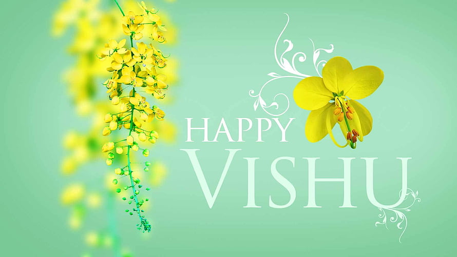 Vishu Festival Greeting Card with Yellow Flowers and Mint Green Background HD wallpaper