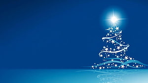 Elegant Blue Christmas Tree with Star Topper and Sparkling Ornaments on Gradient Background HD wallpaper