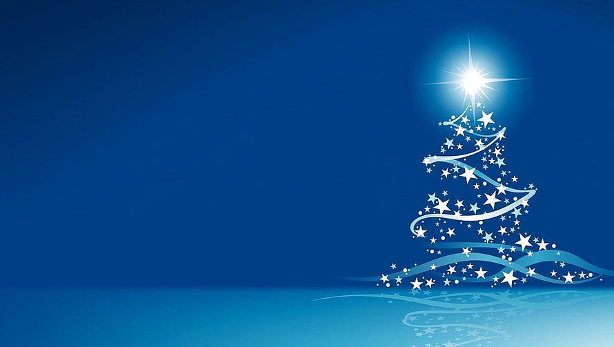 Elegant Blue Christmas Tree with Star Topper and Sparkling Ornaments on Gradient Background HD wallpaper
