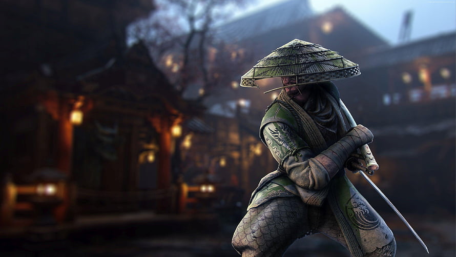 Ninja Warrior in Traditional Armor and Conical Hat Holding Katana in Japanese Village HD wallpaper
