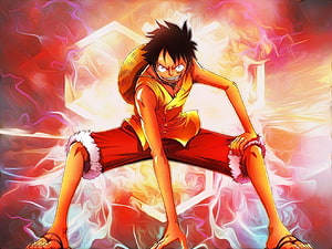 Monkey D. Luffy in Gear Second Form with Fiery Aura and Intense Battle Stance HD wallpaper