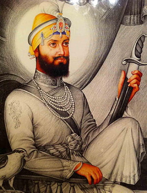 Guru Gobind Singh Portrait in Traditional Sikh Attire with Sword and Falcon HD phone wallpaper