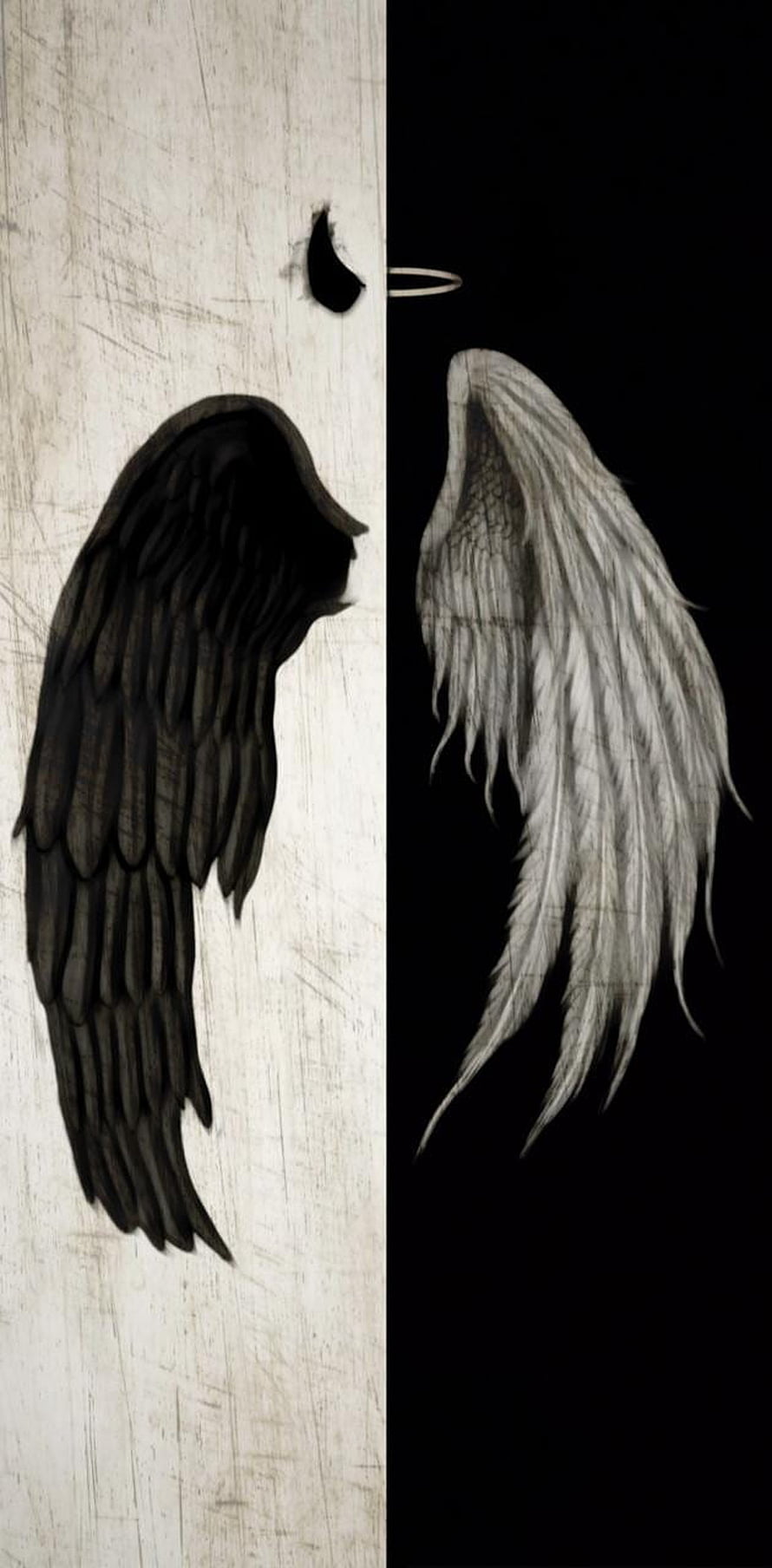 Split Screen Angel and Devil Wings with Halo on Textured Background HD phone wallpaper