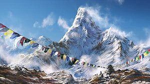 Snow-Capped Himalayan Peak with Colorful Prayer Flags in Leh Ladakh HD wallpaper