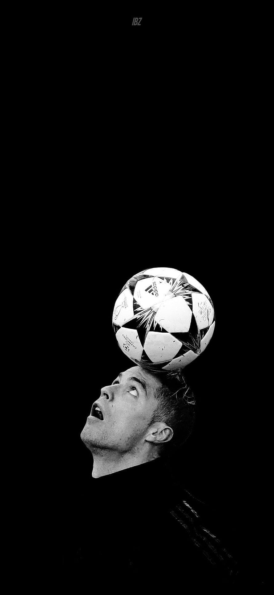 Cristiano Ronaldo Black and White Portrait with Soccer Ball on Head HD phone wallpaper