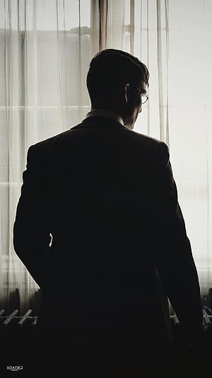 Peaky Blinders Tom Shelby Silhouette Standing Before Sheer Curtains in Dramatic Backlight HD phone wallpaper