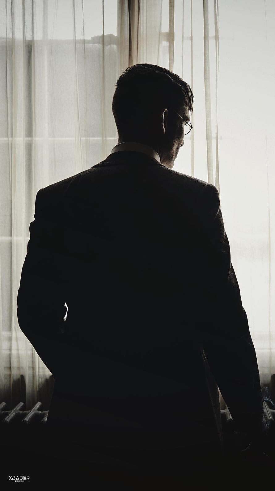Peaky Blinders Tom Shelby Silhouette Standing Before Sheer Curtains in Dramatic Backlight HD phone wallpaper