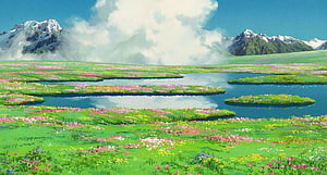 Studio Ghibli Animated Landscape with Snow-Capped Mountains and Wildflower Meadow HD wallpaper