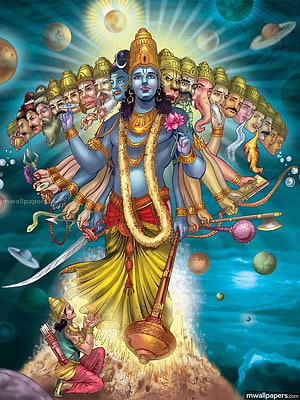 Lord Hanuman with Multiple Faces and Arms Holding Divine Weapons in Cosmic Setting HD phone wallpaper