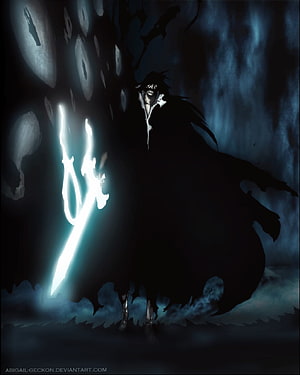Yhwach from Bleach Wielding a Glowing Sword in a Dark Misty Landscape HD phone wallpaper