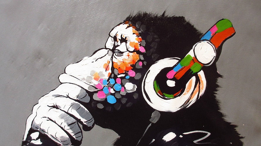 Expressive Graffiti Artwork of a Monkey Holding a Colorful Microphone HD wallpaper