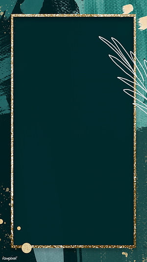 Elegant Dark Teal Frame with Gold Glitter Border and White Palm Leaf Illustration HD phone wallpaper