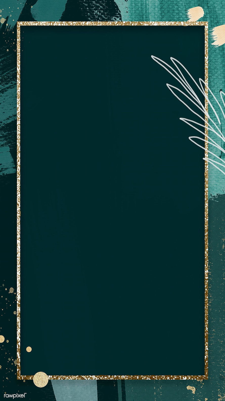 Elegant Dark Teal Frame with Gold Glitter Border and White Palm Leaf Illustration HD phone wallpaper