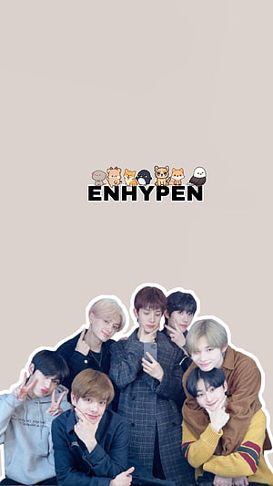 ENHYPEN Group Photo With Cute Animal Mascots On Beige Background HD phone wallpaper