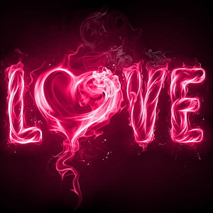 Glowing Pink Smoke Love Text with Heart on Dark Background HD phone wallpaper