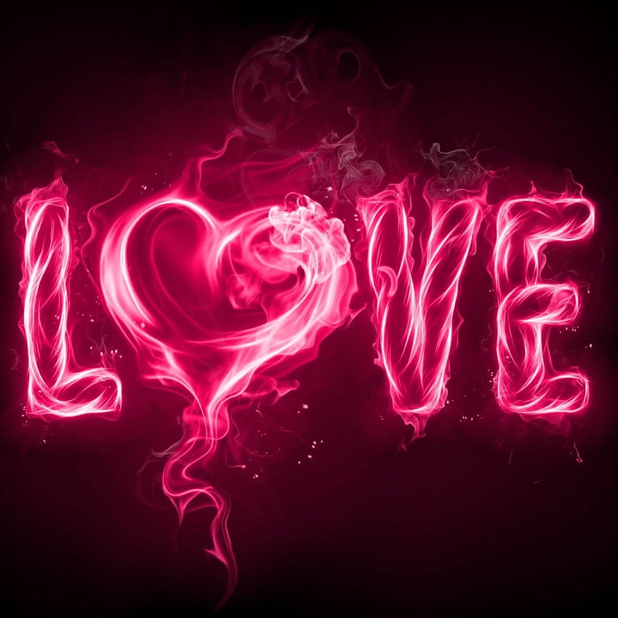 Glowing Pink Smoke Love Text with Heart on Dark Background HD phone wallpaper