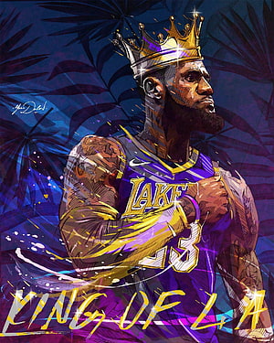 LeBron James King of LA Lakers Digital Art Portrait with Golden Crown HD phone wallpaper