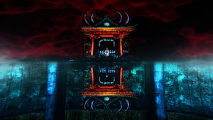Malevolent Shrine Floating Above Reflective Water in Dark Fantasy Setting HD wallpaper