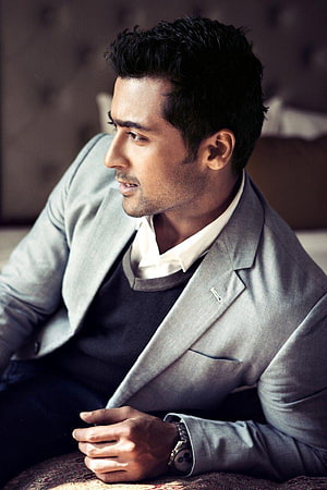 Surya Actor in Grey Blazer and White Shirt Sitting in Profile HD phone wallpaper