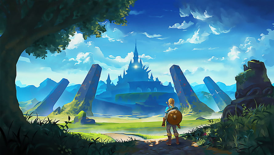 Hero with Shield Gazing at Distant Castle in Lush Fantasy Landscape HD wallpaper
