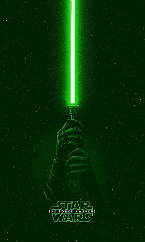 Star Wars The Force Awakens Green Lightsaber Poster with Gloved Hand Against Starry Space Background HD phone wallpaper