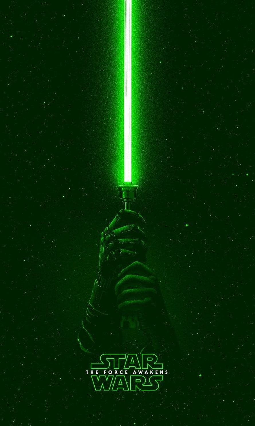 Star Wars The Force Awakens Green Lightsaber Poster with Gloved Hand Against Starry Space Background HD phone wallpaper