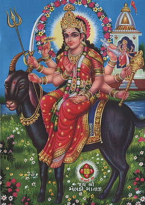 Meladi Maa Hindu Deity Riding Black Goat with Trident and Temple HD phone wallpaper