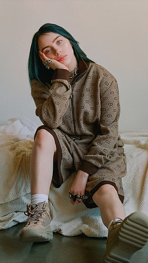 Billie Eilish in Gucci Monogram Tracksuit and Chunky Sneakers HD phone wallpaper