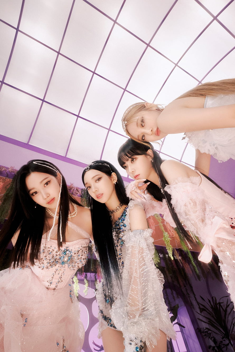 aespa Concept Photo in Pastel Gowns Under a Geometric Purple Ceiling HD phone wallpaper