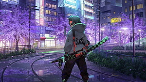 Demon Slayer Character Walking Through Neon-Lit City Street With Cherry Blossoms HD wallpaper