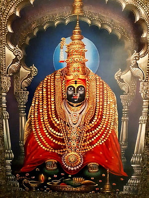 Tulja Bhavani Maa Durga Temple Deity Portrait with Gold Ornaments and Red Garments HD phone wallpaper