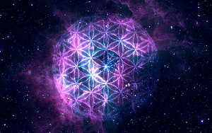 Glowing Flower of Life Sacred Geometry Sphere Set Against a Purple and Blue Cosmic Nebula HD wallpaper