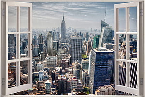 Aerial View of New York City Skyline Through Open White Window Frame HD wallpaper