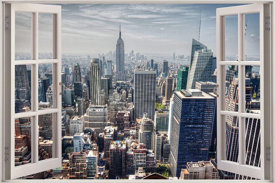 Aerial View of New York City Skyline Through Open White Window Frame HD wallpaper