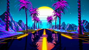 Retro Synthwave Highway with Neon Palm Trees and Glowing Grid Landscape HD wallpaper