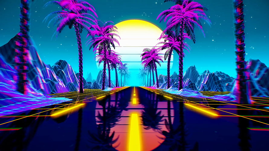 Retro Synthwave Highway with Neon Palm Trees and Glowing Grid Landscape HD wallpaper
