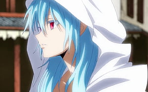 Raphael Anime Character with Blue Hair and Red Eyes in White Hooded Garment HD wallpaper