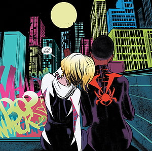 Spider Gwen and Miles Morales Back View in Neon City at Night HD wallpaper