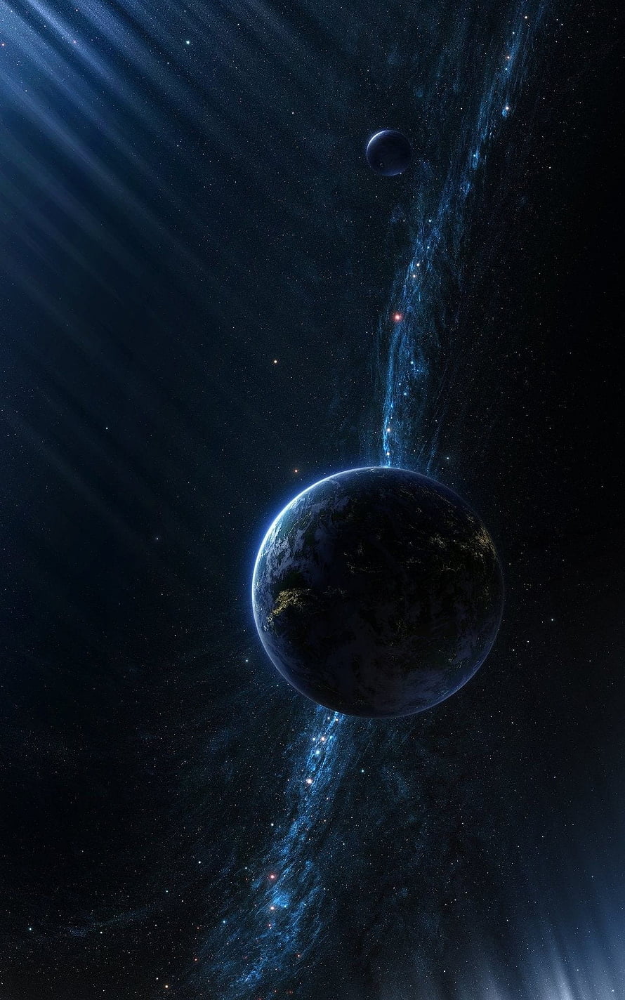 Dramatic Earth and Moon in Deep Space with Nebula and Starlight HD phone wallpaper