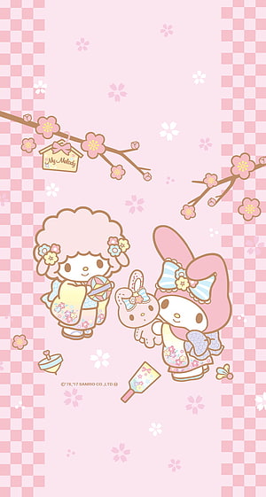 My Melody and My Sweet Piano in Spring Kimono with Cherry Blossoms HD phone wallpaper
