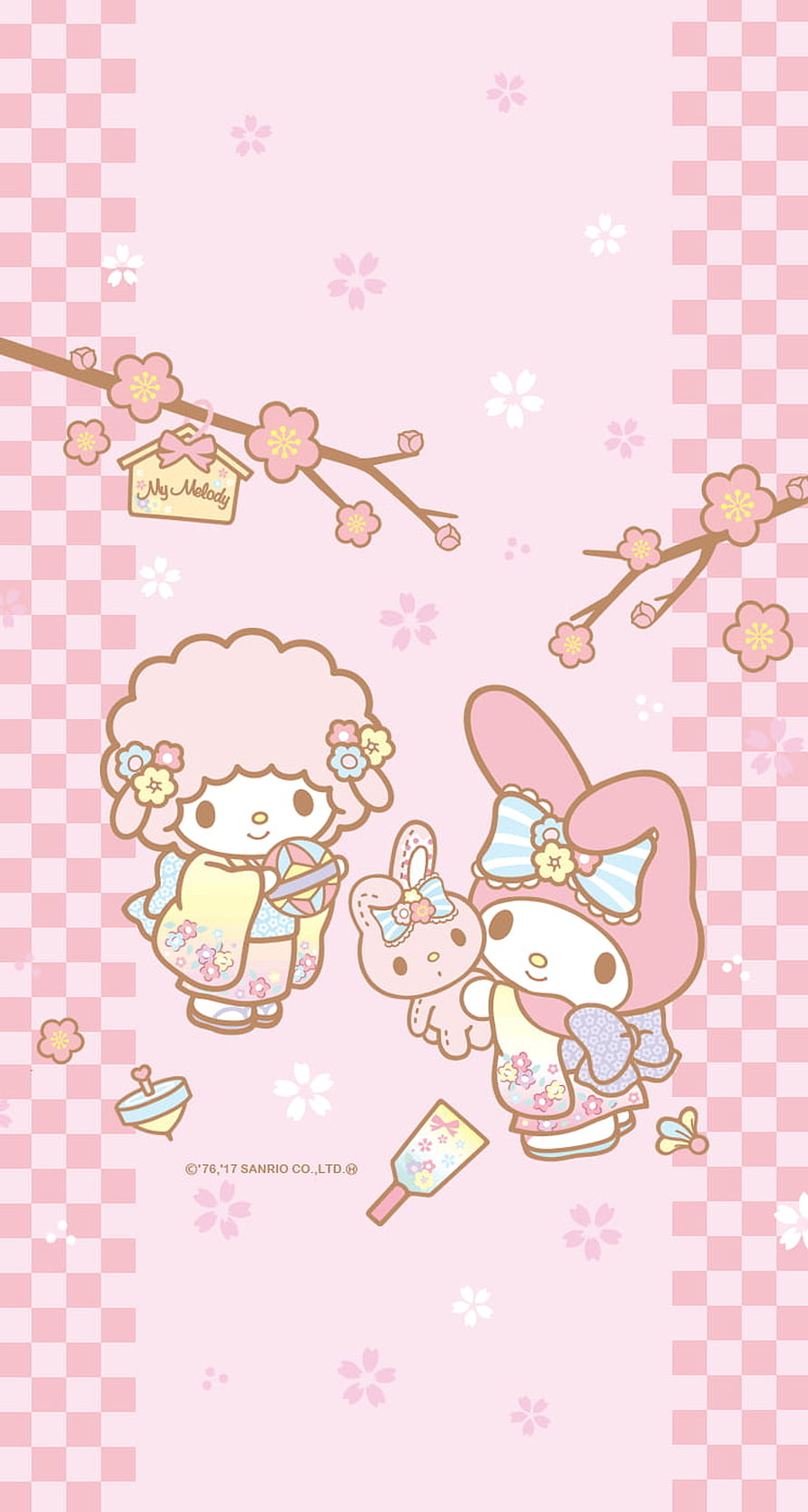 My Melody and My Sweet Piano in Spring Kimono with Cherry Blossoms HD phone wallpaper