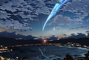 Kimi no Na Wa Night Sky Meteor Shower Over Coastal Town HD wallpaper