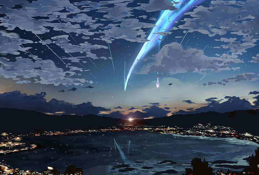 Kimi no Na Wa Night Sky Meteor Shower Over Coastal Town HD wallpaper